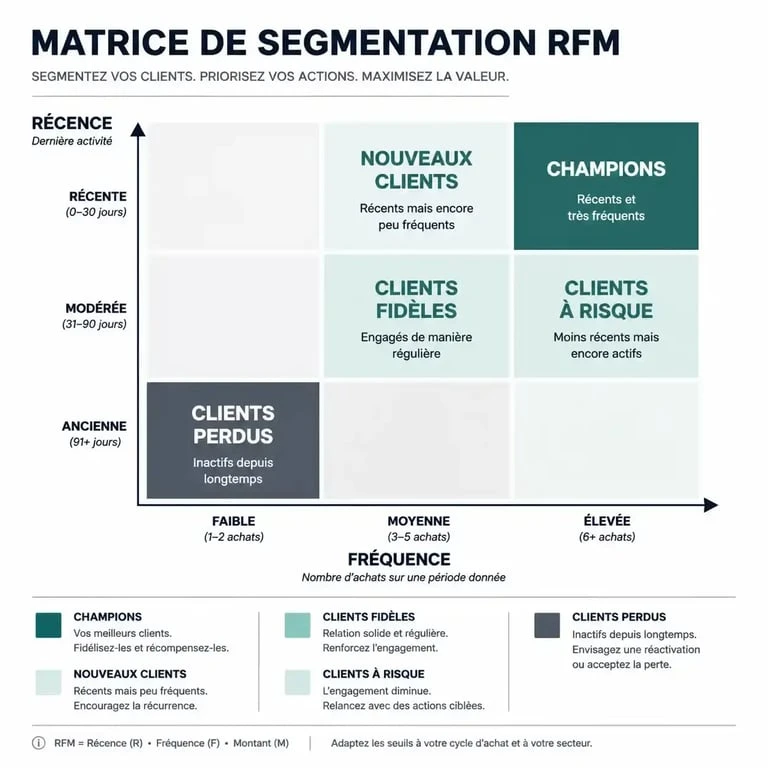 Infographie illustrant la matrice de segmentation RFM pour le marketing client