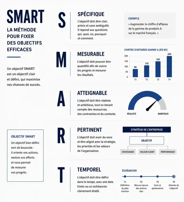 Infographie illustrant la méthode SMART pour définir des objectifs annuels individuels efficaces