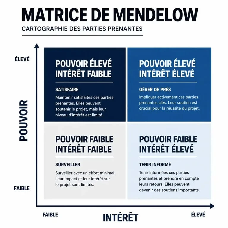 Matrice de Mendelow utilisée pour la cartographie des parties prenantes dans la gestion de projet