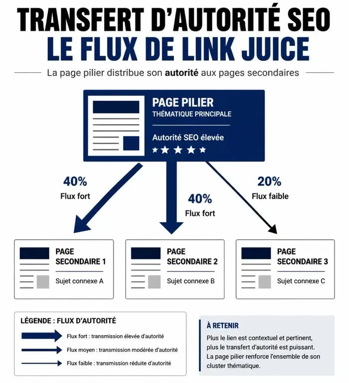 Schéma illustrant le transfert de link juice et la dilution de l'autorité SEO entre les pages d'un site web.