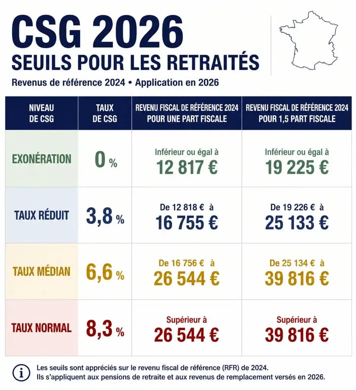 Tableau des seuils de CSG sur les retraites 2026 : taux et revenus fiscaux de référence
