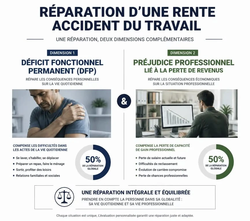 Schéma explicatif de la revalorisation de la rente accident du travail : distinction entre déficit fonctionnel et préjudice professionnel