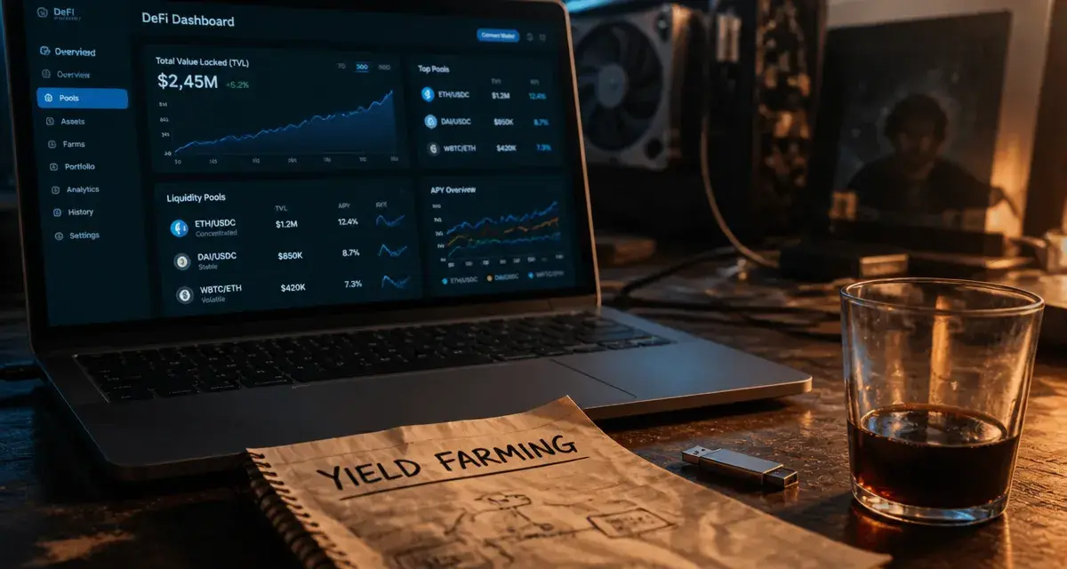Yield farming : dashboard DeFi, courbes APY et pools de liquidité