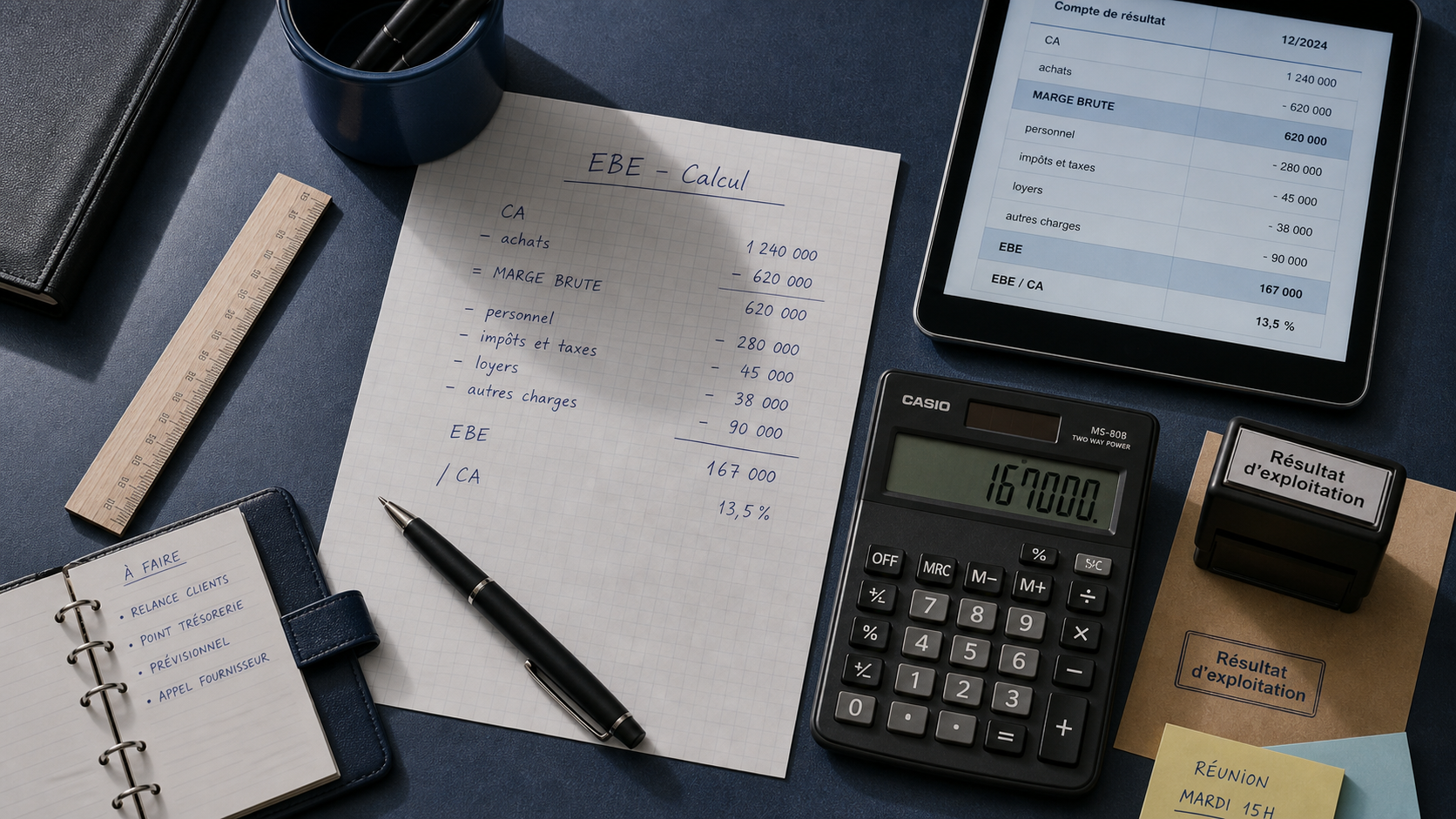 EBE calcul : feuille, calculatrice et tableau chiffré