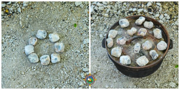 collage of charcoal prepared and added to the lid of a Dutch oven