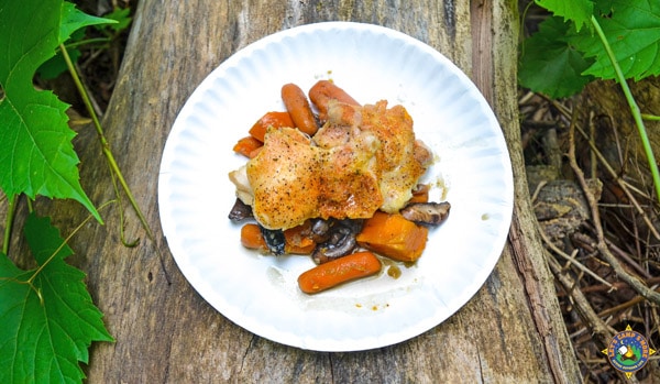 white paper plate with roasted vegetables and chicken on it