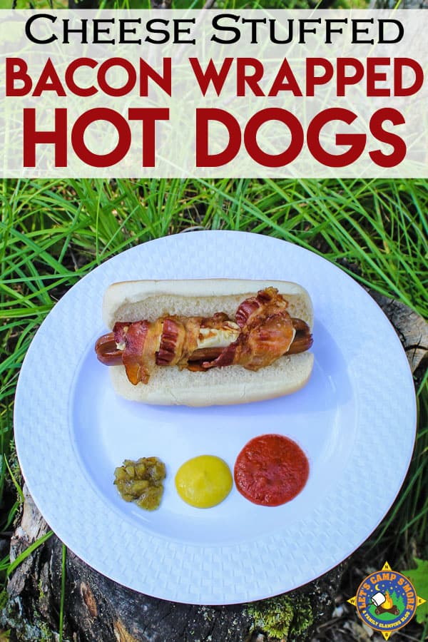 Cheese Stuffed Bacon Wrapped Hot Dogs Recipe - Grill hot dogs stuffed with string cheese and wrapped with bacon over a campfire or on the grill. This is the easy camping recipe that you've been looking for and that the whole family will love!