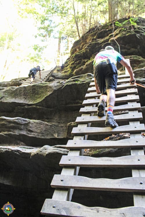2 people climbing ladders on Trail 3 at Turkey Run