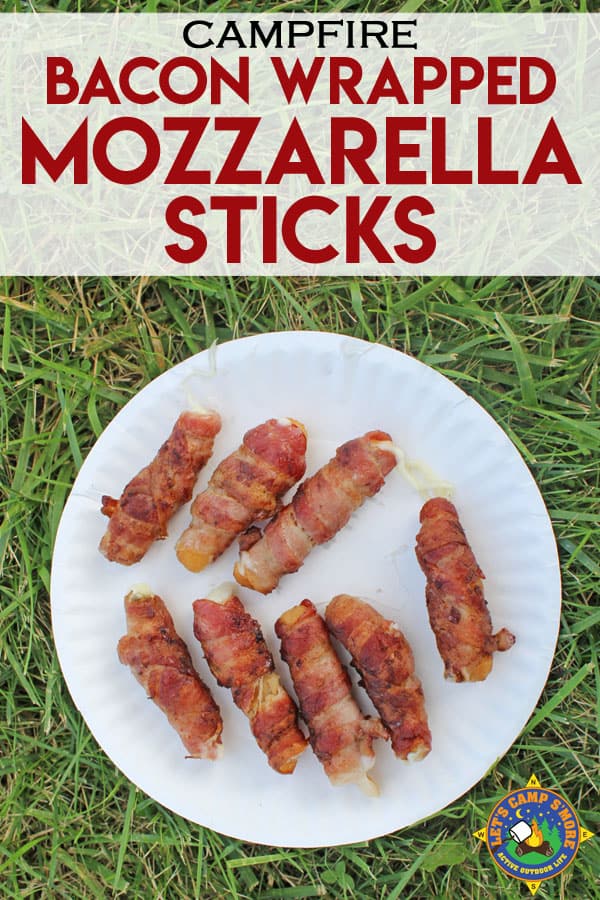 Bacon Wrapped Mozzarella Sticks Grilled over a Campfire - Looking for a unique camping recipe with bacon? Try these Bacon Wrapped Mozzarella Sticks. They so tasty and are so super easy to grill over a campfire. grilled bacon-wrapped mozzarella cheese sticks