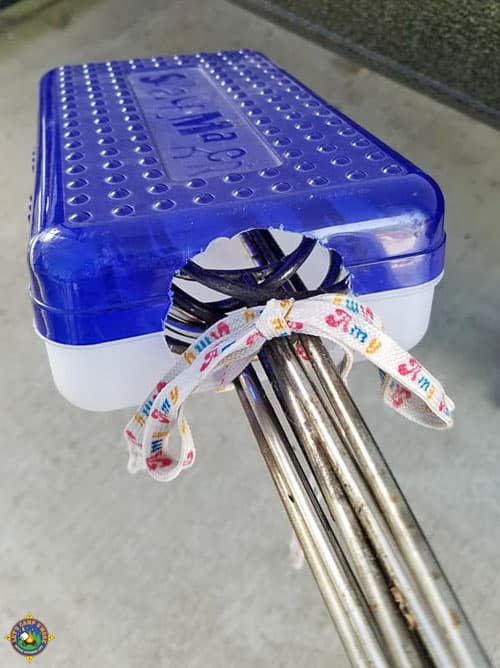 close-up of a pencil box turned roasting fork holder