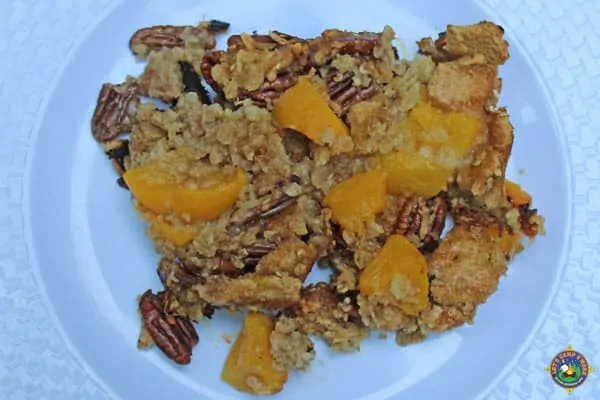 close up of a serving of camping peach crisp