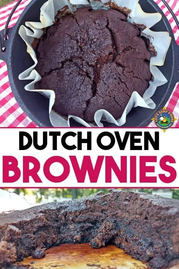 Dutch Oven Brownies Recipe - Love chocolate? Then you MUST make these Dutch Oven Brownies. Only 3 simple ingredients in this eggless brownie recipe. Everyone will want seconds! Dutch Oven Brownies Recipe with text