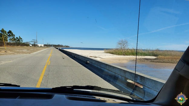 Driving along Beach Boulevard along the Gulf of Mexico in Waveland, Mississippi