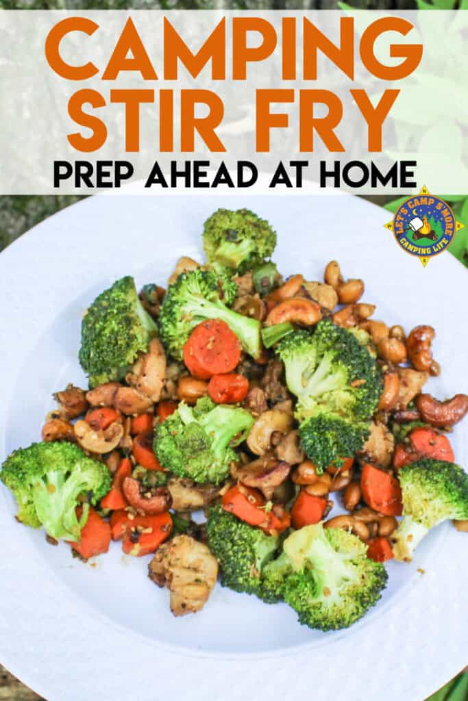 a big serving of colorful stir fry on a plate with lettering at the top