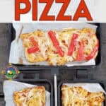 close up of 3 pieces of campfire pizza with text at the top