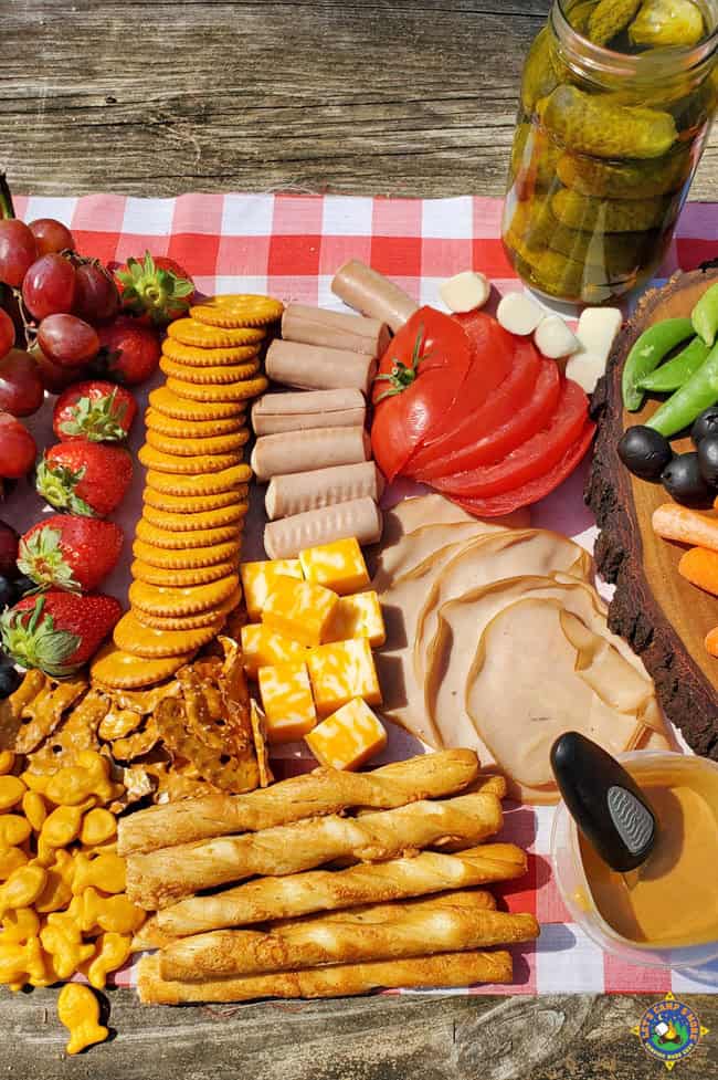 close up of foods on a picnic charcuterie board