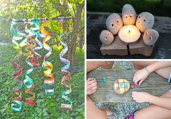 collage of kids camping crafts