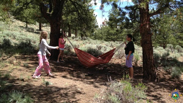 4 kids playing with a hammock while camping