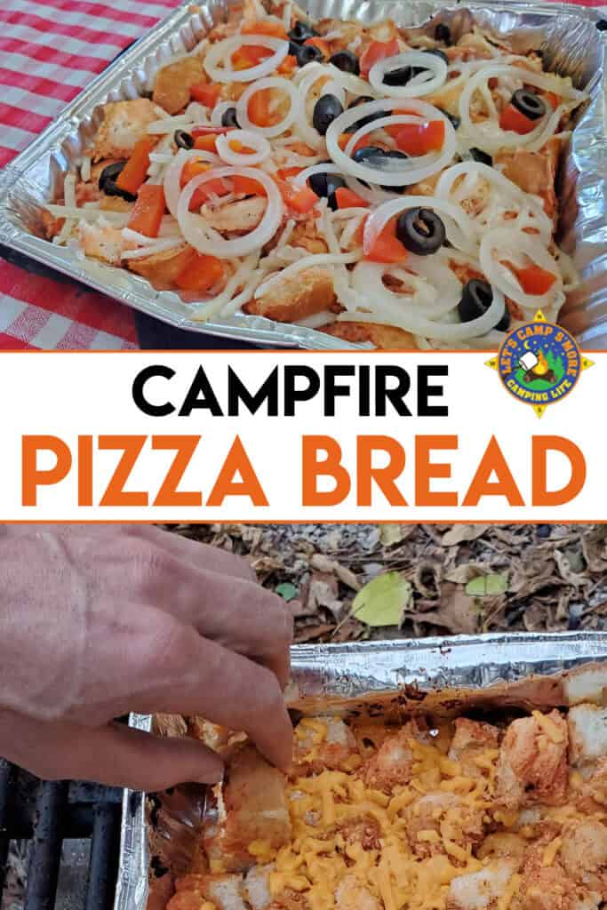 collage of camping pizza bread in a foil pan
