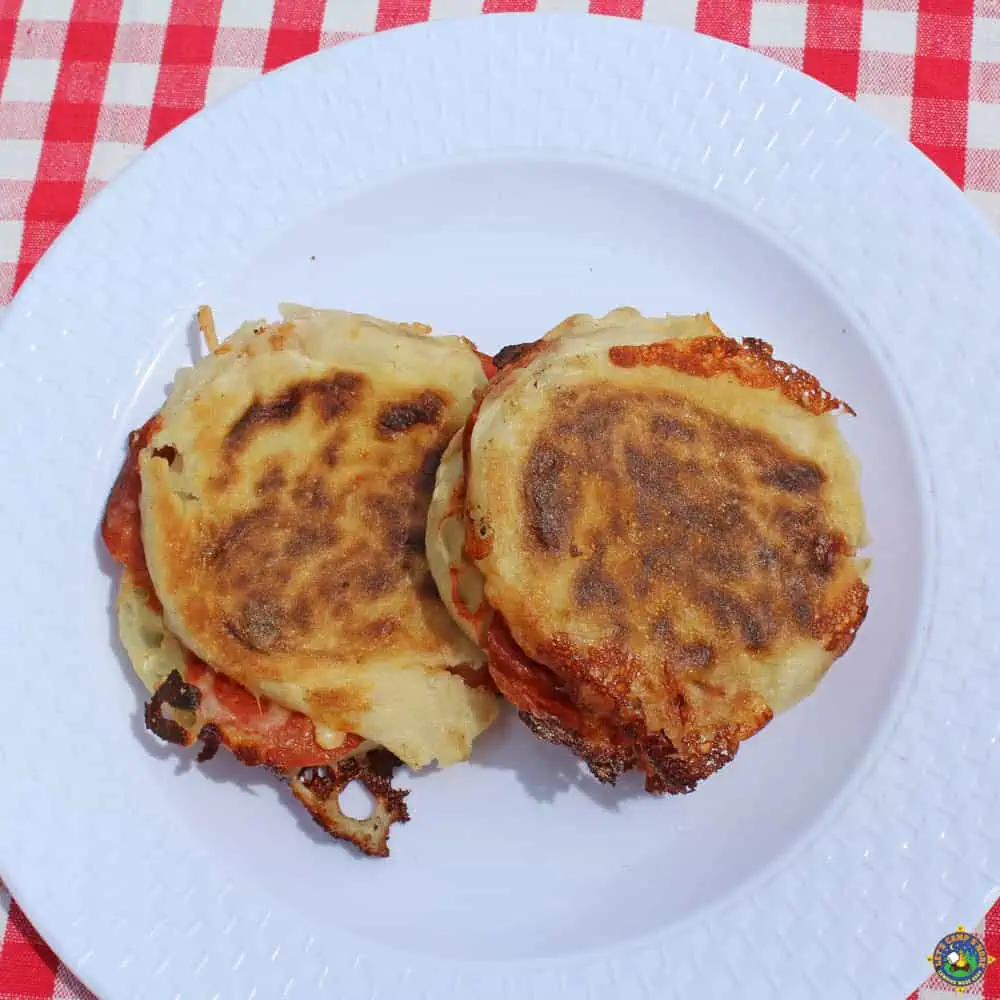 two perfectly grilled pizza sandwiches