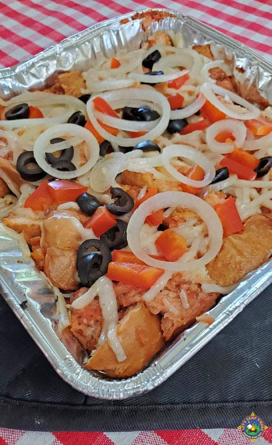 close up of a pan of Campfire Italian Bread Pizza