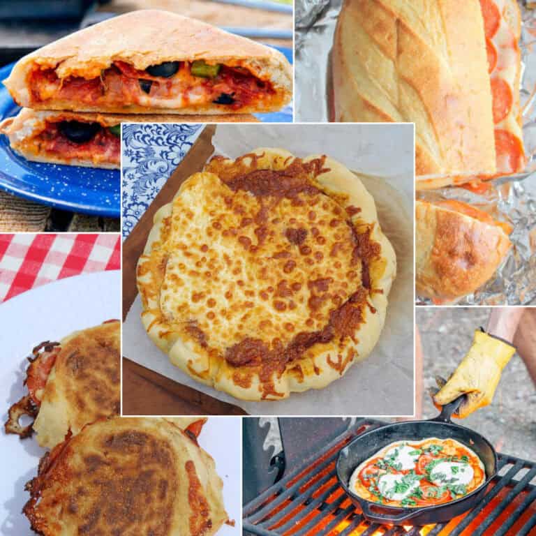collage of different campfire pizza recipes