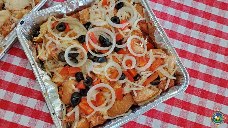 pan of vegetarian pizza bread made in a foil pan