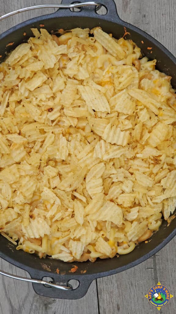 cheesy Dutch oven casserole with wavy potato chips on top