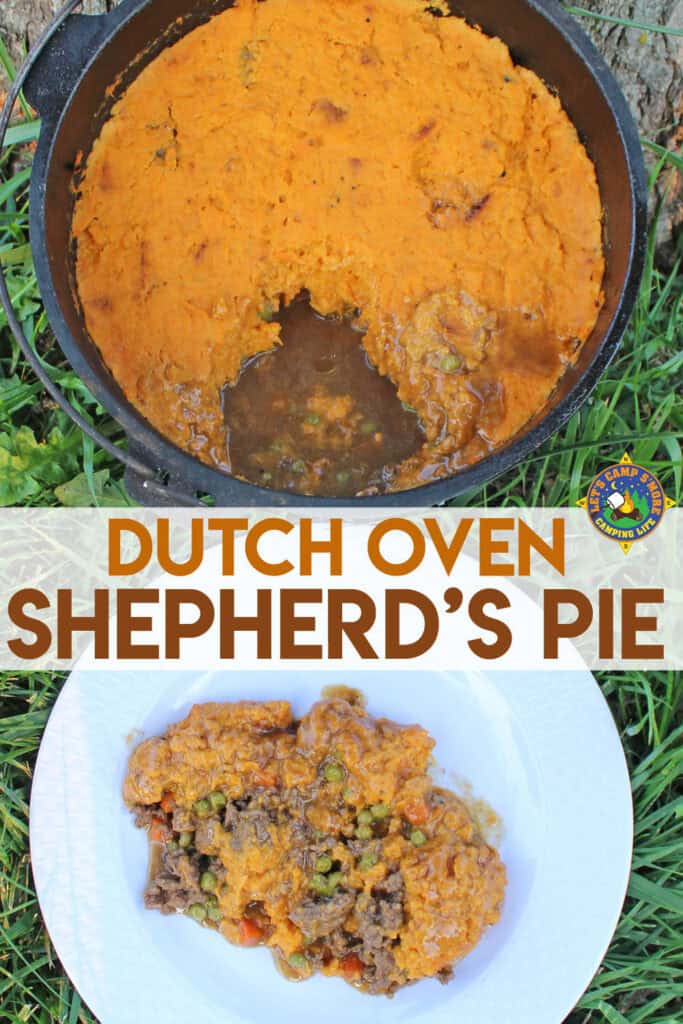 Shepherd's Pie in a Dutch oven with a serving on a white plate