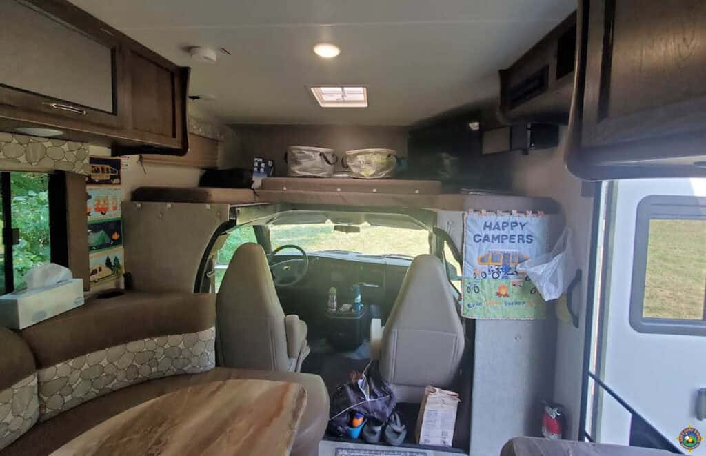 a view of the front cab and interior of a Coachmen Freelander 21QB motorhome