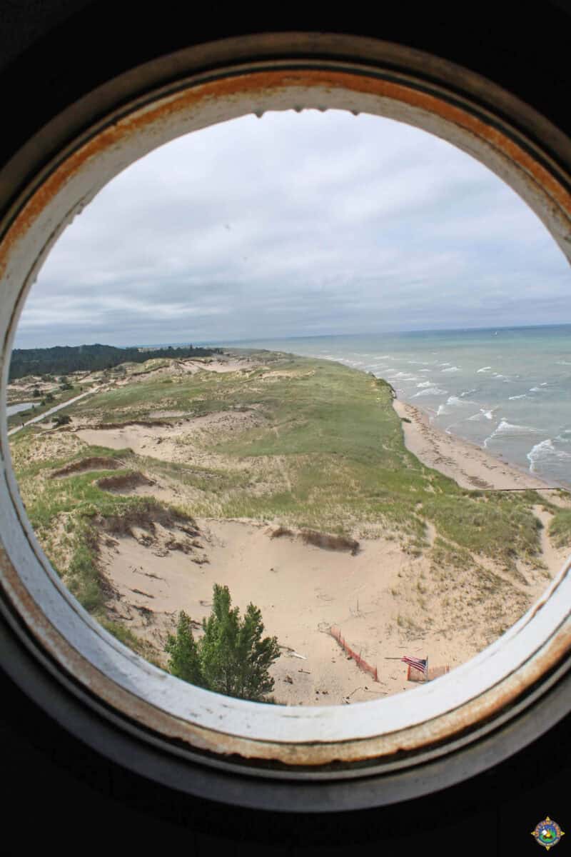 a view of Ludington State Park out of the portal at the Big Sable Lighthouse at Ludington