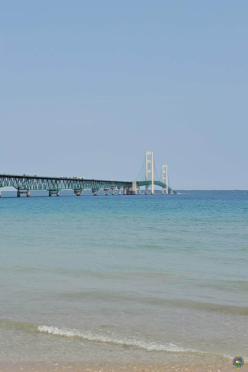 a view from water's edge at Mackinaw City Michigan, Looking North at the Mackinac Bridge