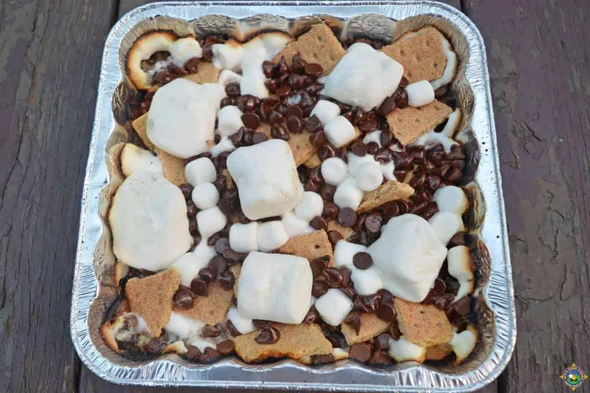 foil pan of Smore Nachos Made Over a Campfire