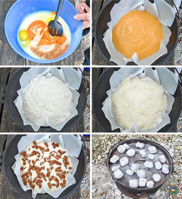 Collage of images of Directions for Dutch Oven Pumpkin Pie Cake
