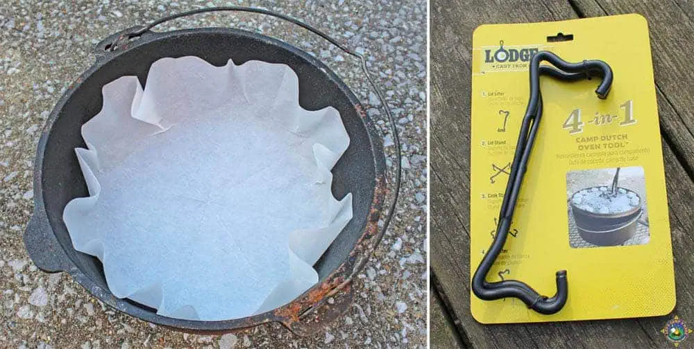 Dutch oven with a liner and a Dutch Oven camp tool