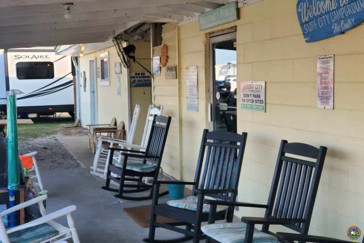 rockers on a porch at a campground