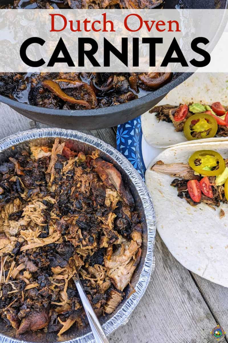 Mexican pulled pork in a foil pan with a Dutch oven and tacos