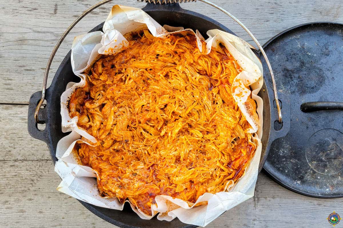 Shredded Boneless Hot Wings Chicken in a Dutch Oven