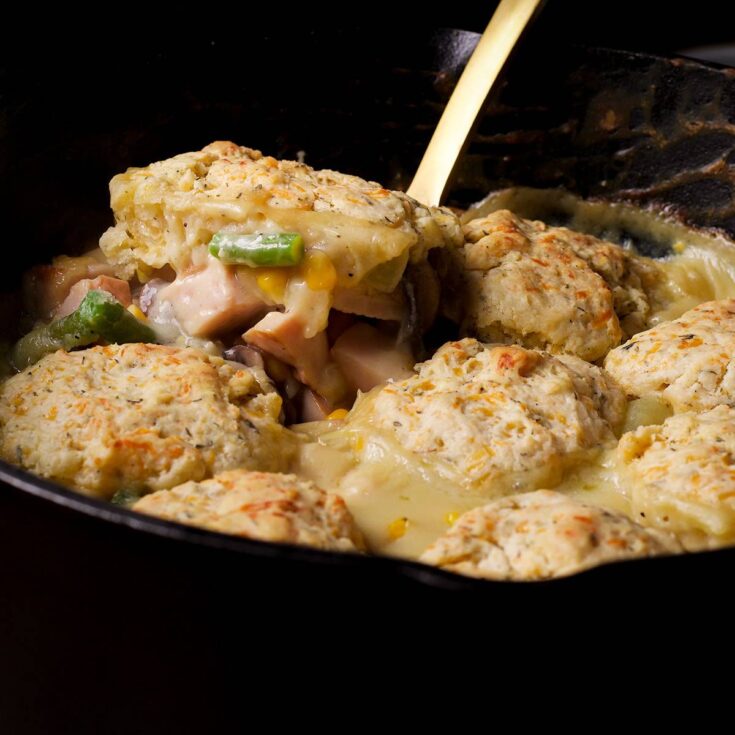 Dutch Oven Pot Pie with Chicken and Cheddar Biscuits
