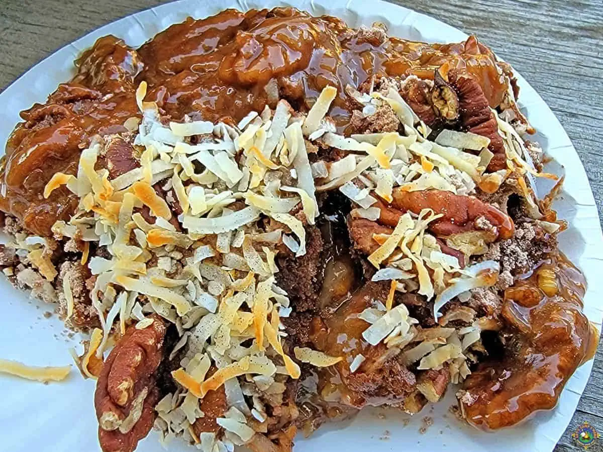 Gooey German Chocolate Cake in a plate