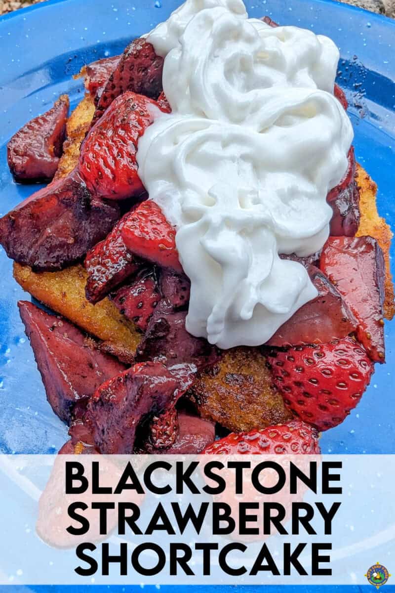 grilled strawberry shortcake on a blue plate