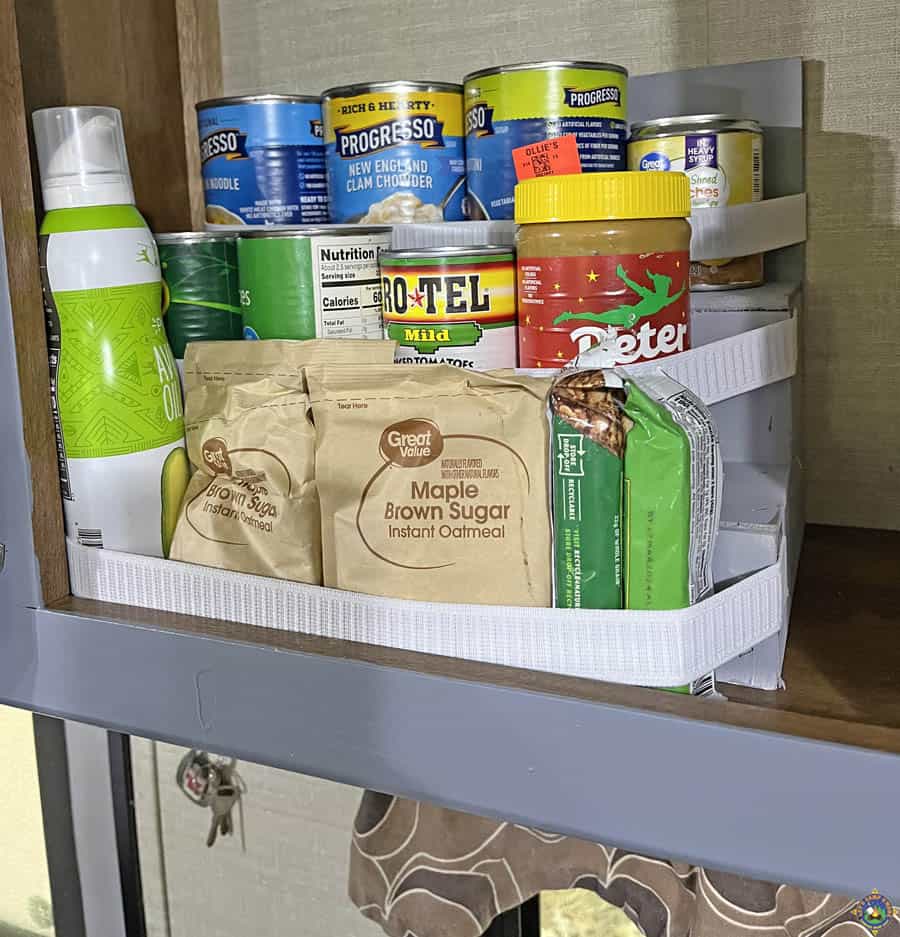 storage shelf in an RV filled with food
