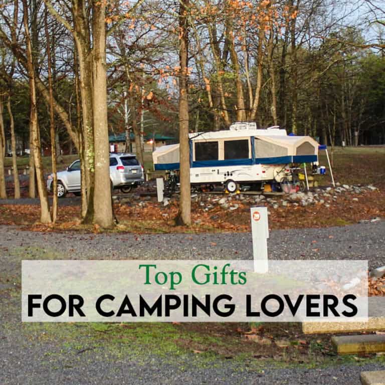 pop up camper with a tow vehicle set up in a state park
