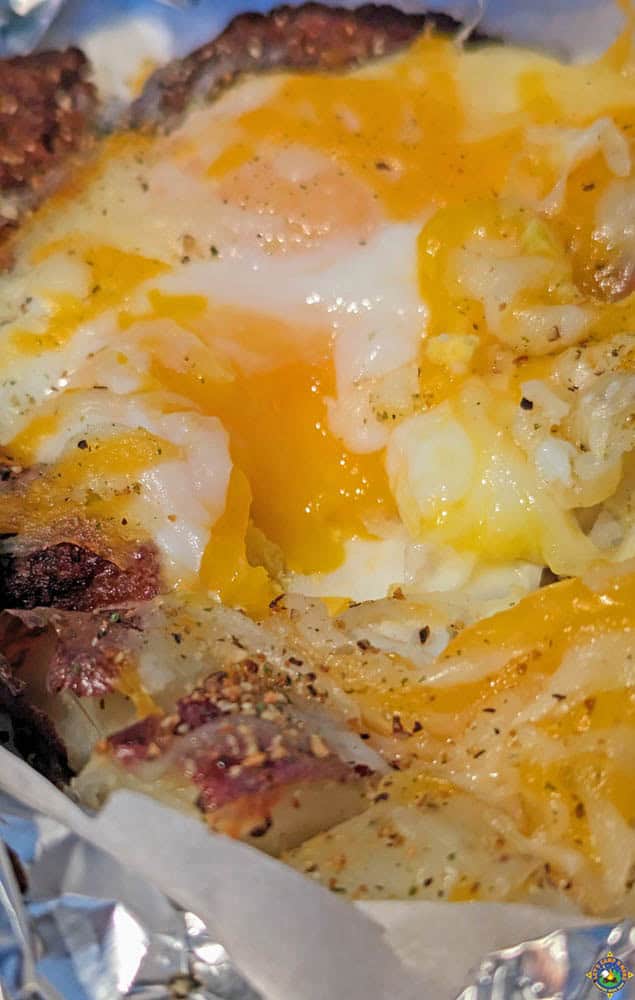 close up of campfire eggs breakfast