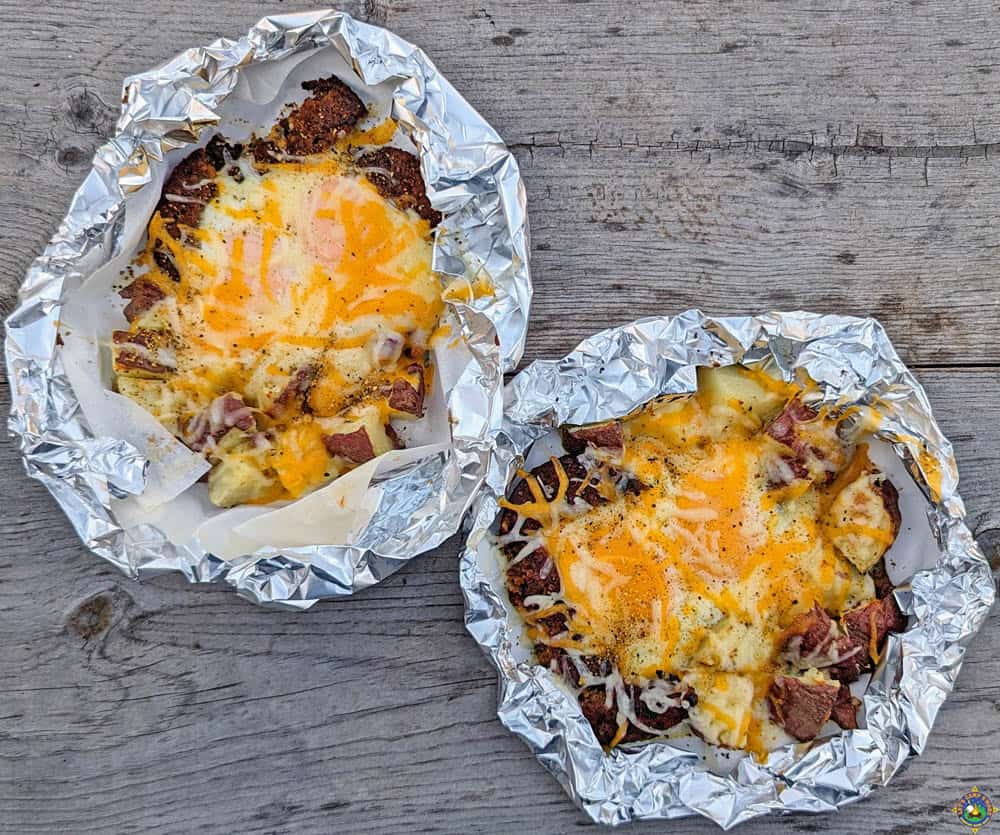 two camping breakfasts in foil