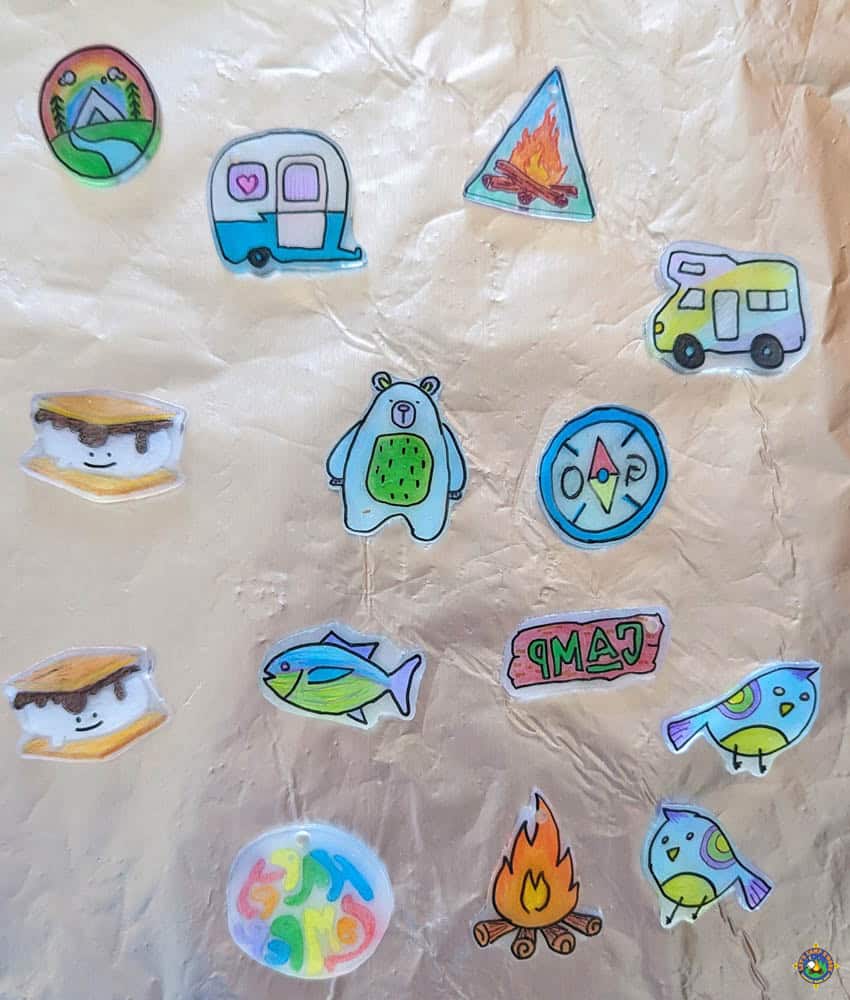 Baked camping Shrinky Dinks designs