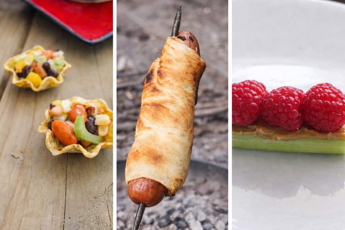 collage of 3 camping snacks
