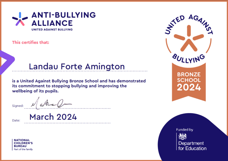 United Against Bullying Bronze Certificate