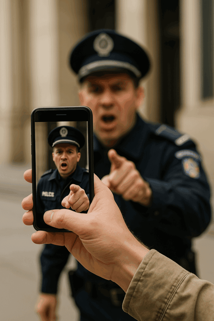 A person records a police officer with a smartphone during a confrontation