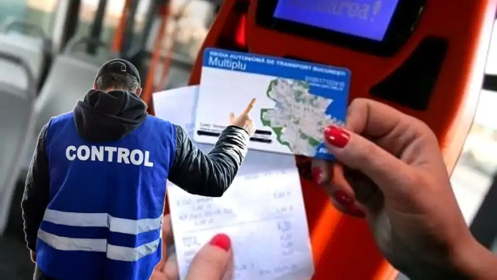 Ticket inspector checking passenger during a public transport fines Romania inspection